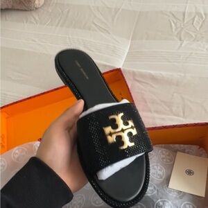 Tory Burch Black Slide Sandals with gold logo